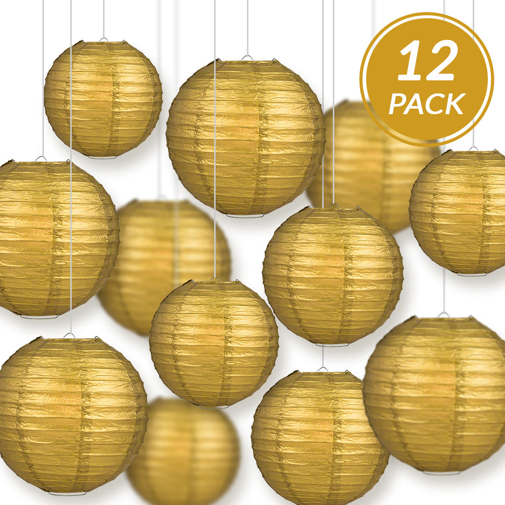 12-PC Gold Paper Lantern Chinese Hanging Wedding & Party Assorted Decoration Set, 12/10/8-Inch