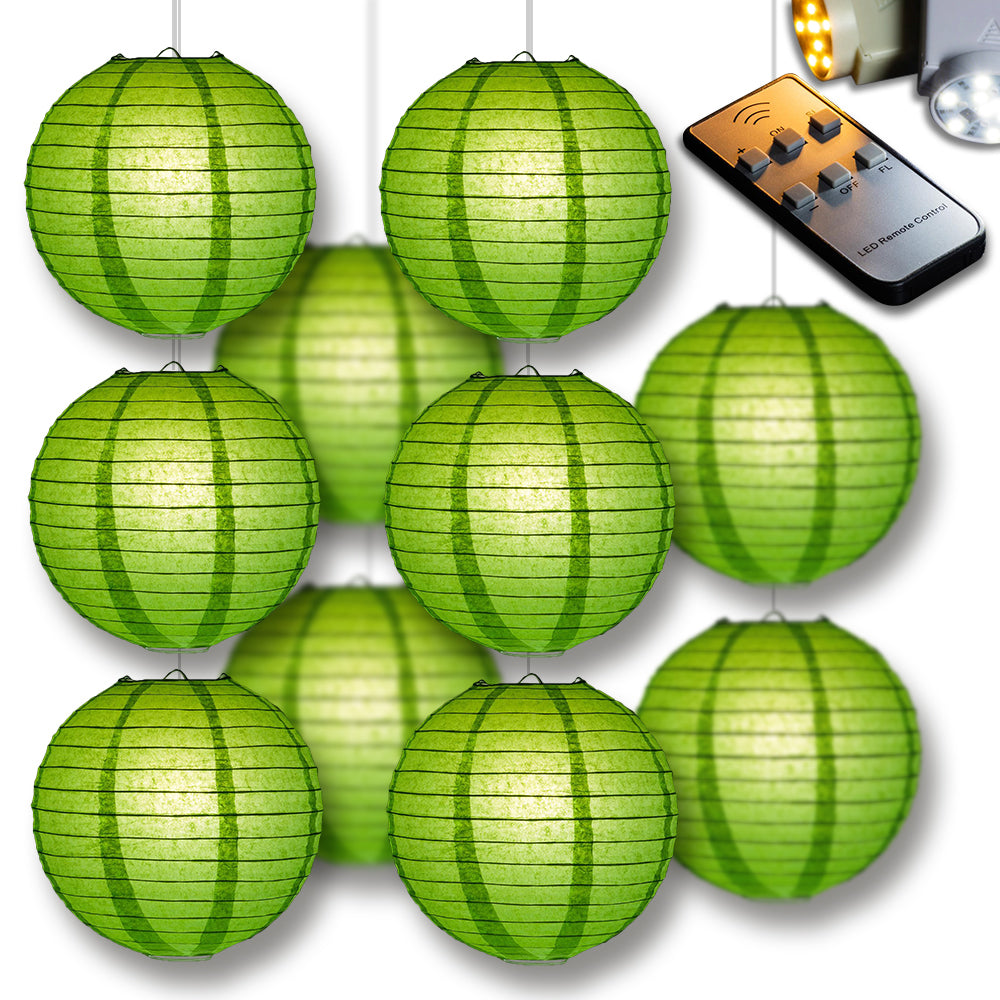 MoonBright Grass Green Paper Lantern 10pc Party Pack with Remote Controlled LED Lights Included