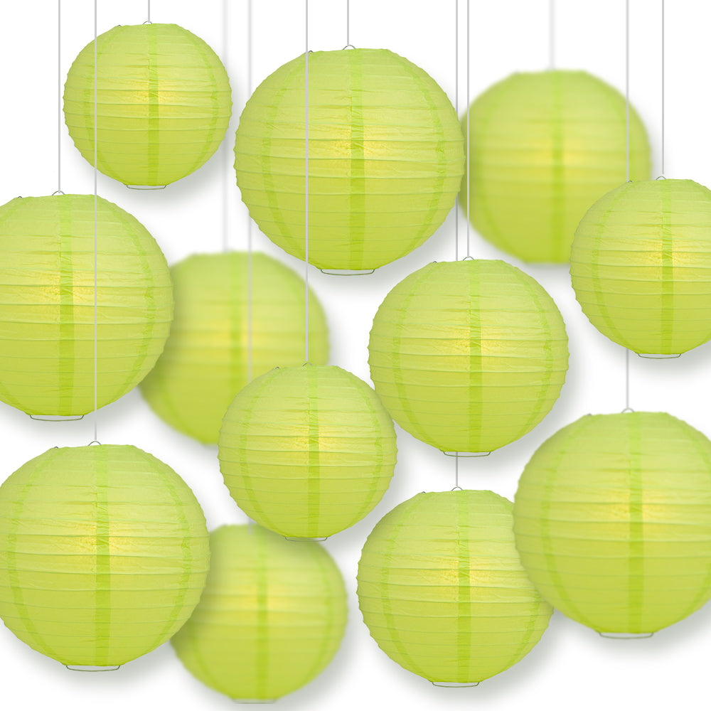 12-PC Light Lime Green Paper Lantern Chinese Hanging Wedding &amp; Party Assorted Decoration Set, 12/10/8-Inch