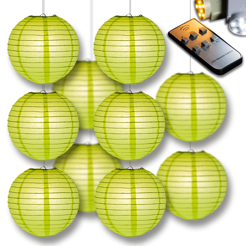 MoonBright Light Lime Green Paper Lantern 10pc Party Pack with Remote Controlled LED Lights Included