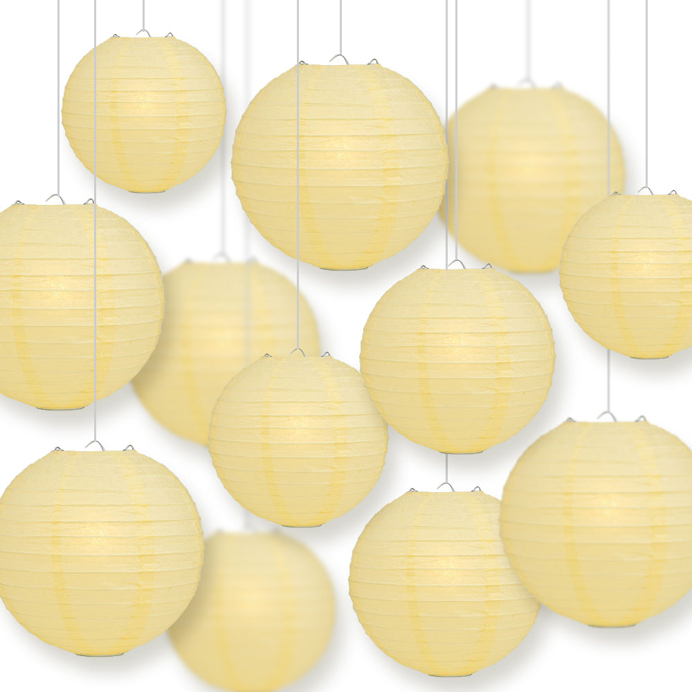 12-PC Lemon Yellow Chiffon Paper Lantern Chinese Hanging Wedding &amp; Party Assorted Decoration Set, 12/10/8-Inch