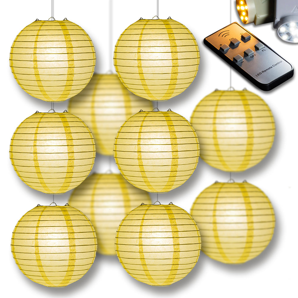 MoonBright Lemon Yellow Chiffon Paper Lantern 10pc Party Pack with Remote Controlled LED Lights Included