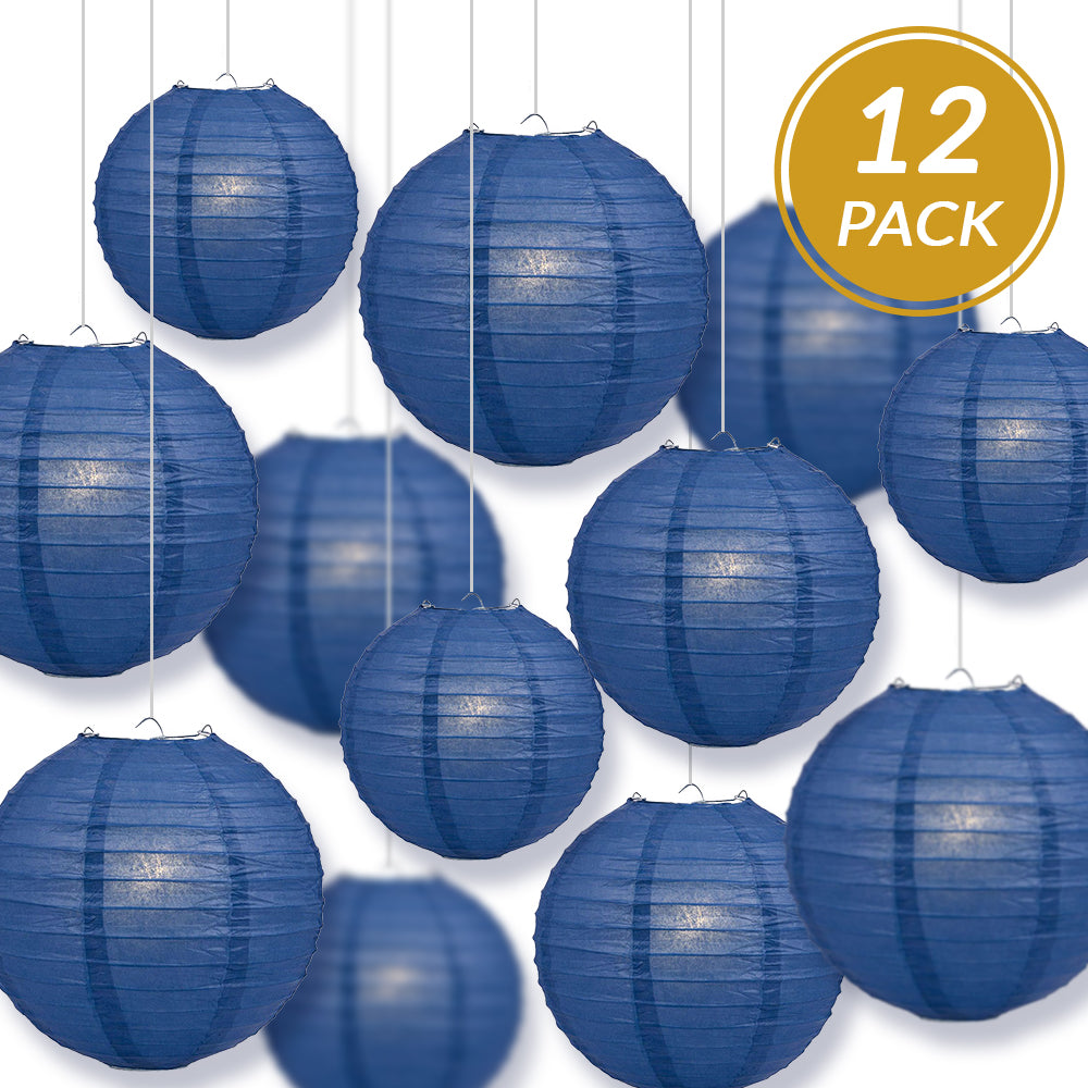 12-PC Navy Blue Paper Lantern Chinese Hanging Wedding & Party Assorted Decoration Set, 12/10/8-Inch