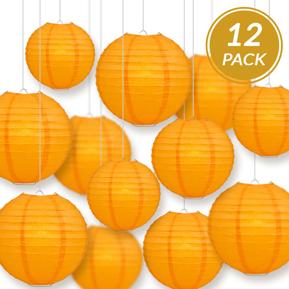 12-PC Orange Paper Lantern Chinese Hanging Wedding & Party Assorted Decoration Set, 12/10/8-Inch