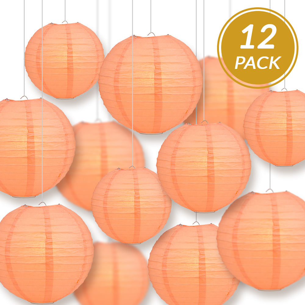 12-PC Peach / Orange Coral Paper Lantern Chinese Hanging Wedding & Party Assorted Decoration Set, 12/10/8-Inch