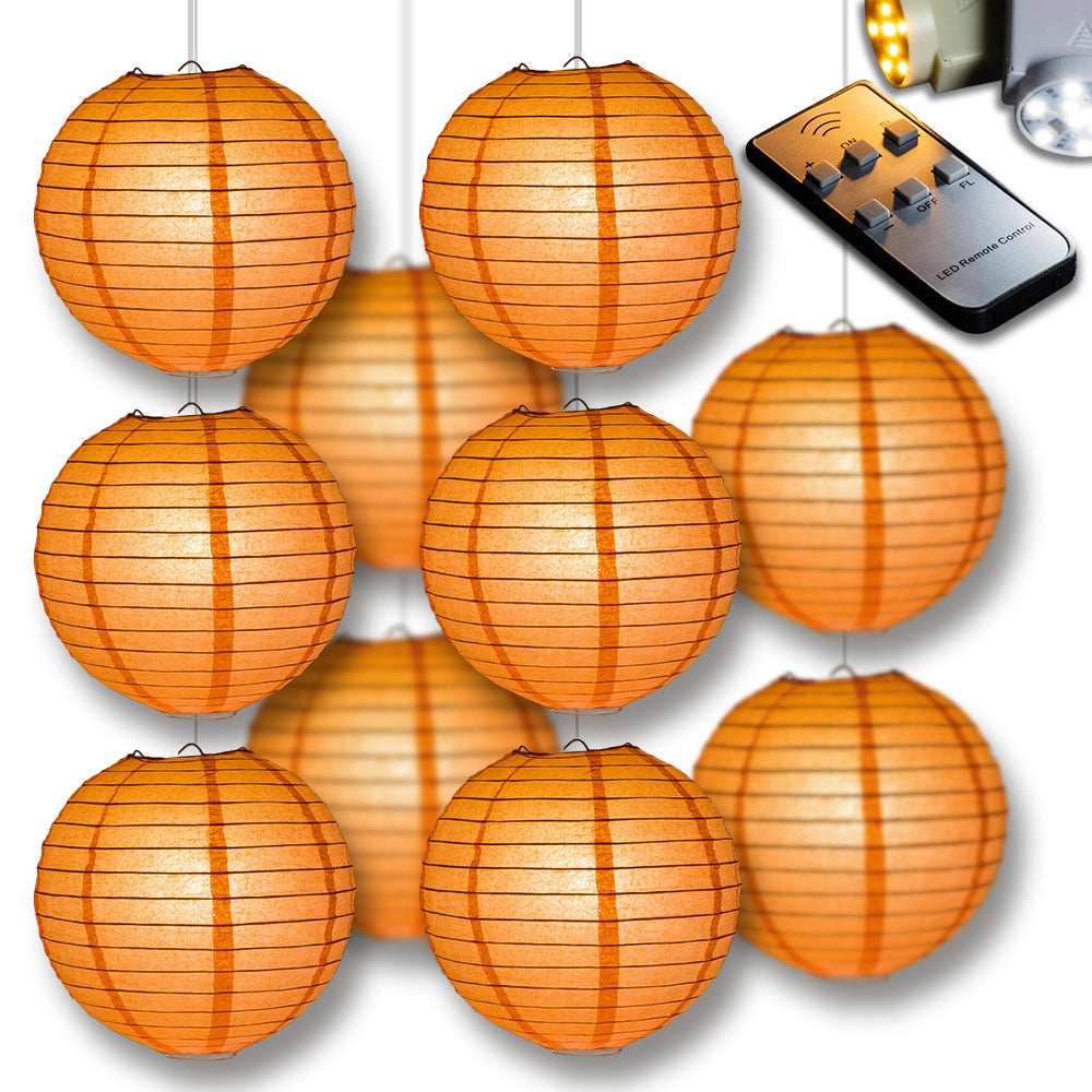 MoonBright Peach Orange Coral Paper Lantern 10pc Party Pack with Remote Controlled LED Lights Included