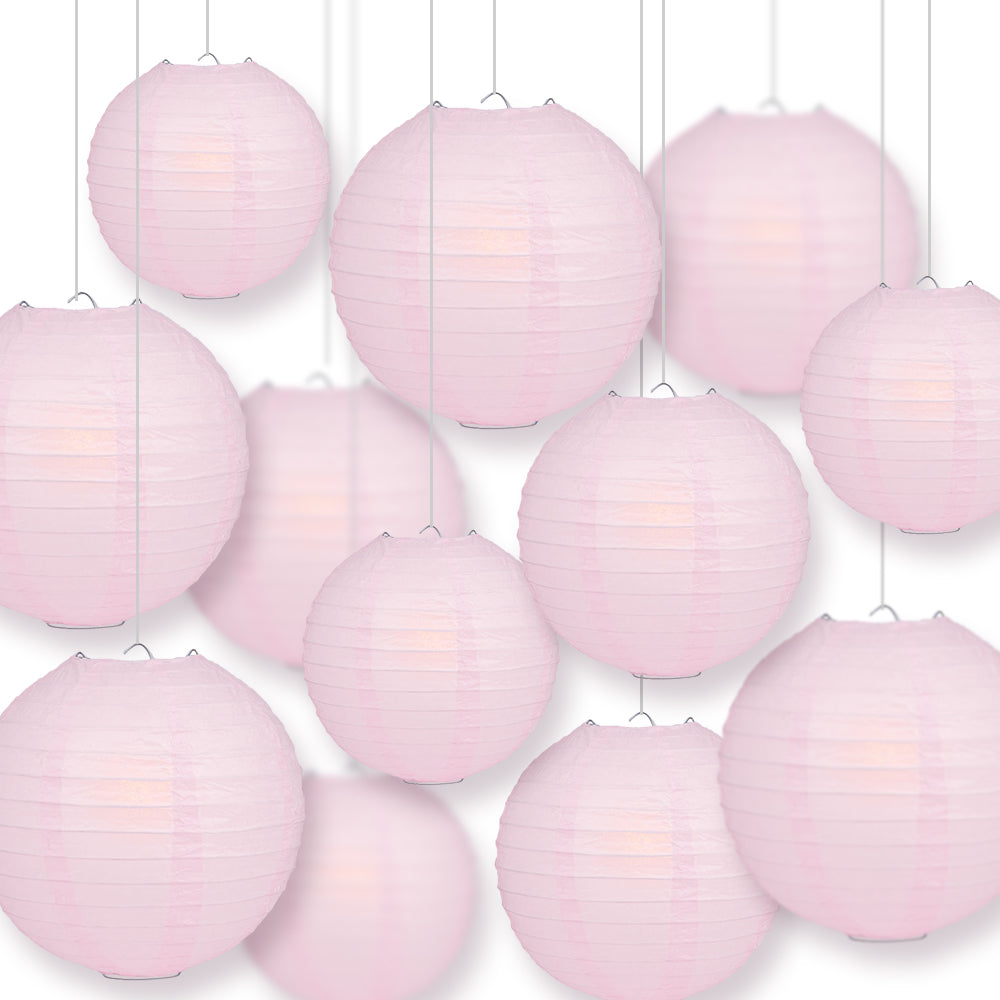 12-PC Pink Paper Lantern Chinese Hanging Wedding &amp; Party Assorted Decoration Set, 12/10/8-Inch
