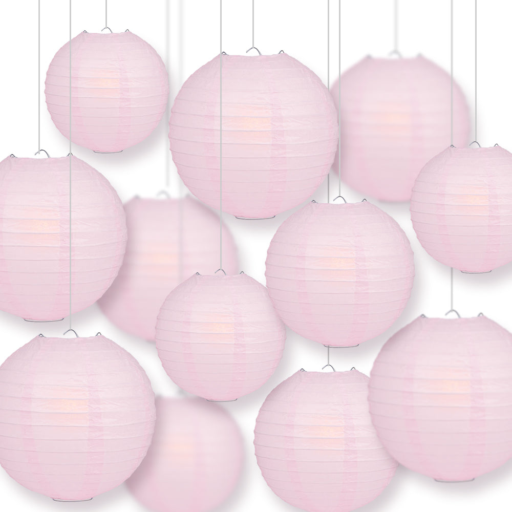 12-PC Pink Paper Lantern Chinese Hanging Wedding & Party Assorted Decoration Set, 12/10/8-Inch