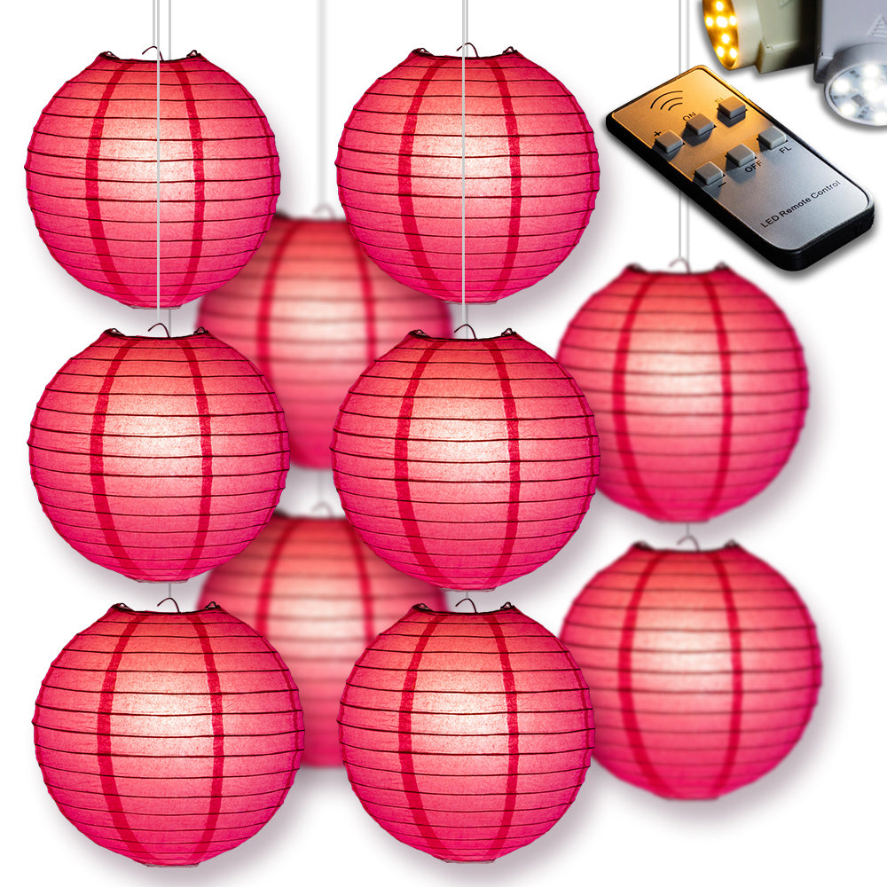 MoonBright Hot Pink Paper Lantern 10pc Party Pack with Remote Controlled LED Lights Included