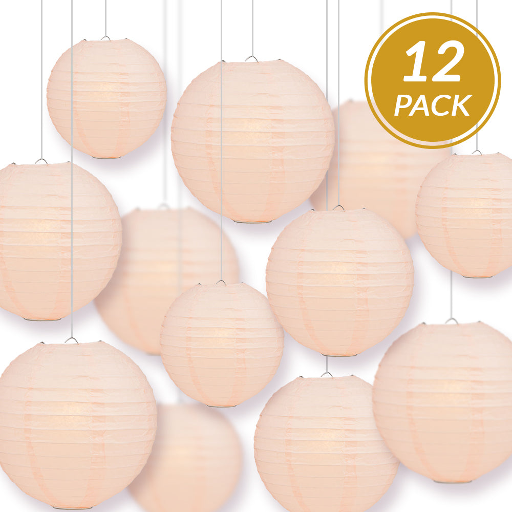 12-PC Rose Quartz Pink Paper Lantern Chinese Hanging Wedding & Party Assorted Decoration Set, 12/10/8-Inch