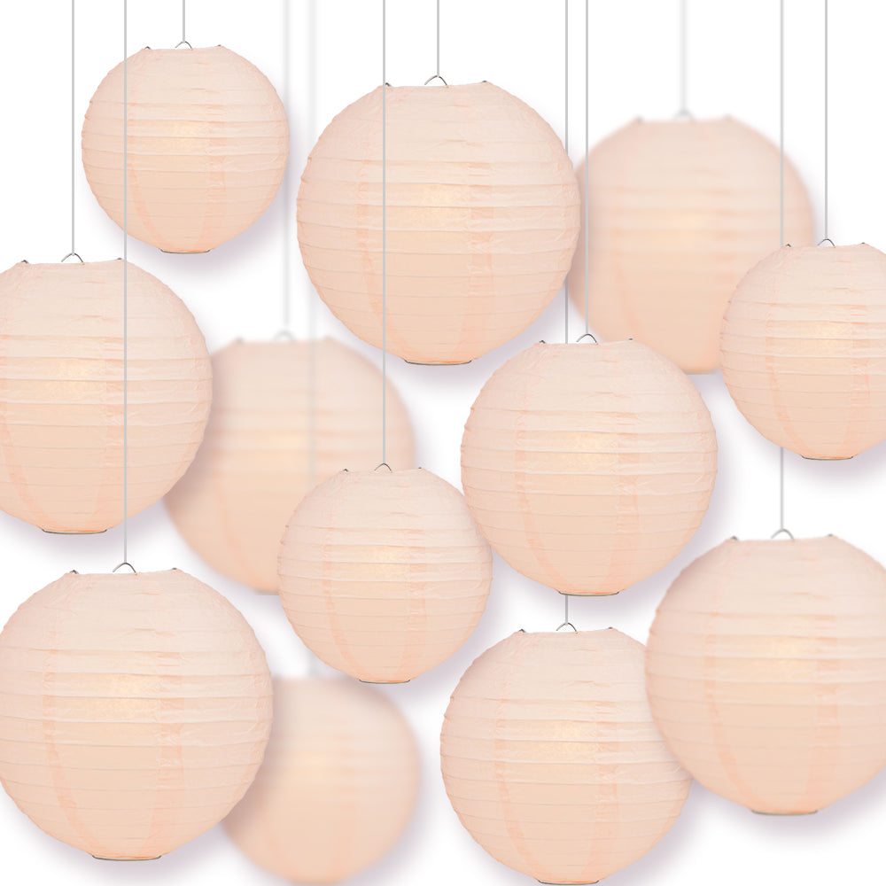 12-PC Rose Quartz Pink Paper Lantern Chinese Hanging Wedding &amp; Party Assorted Decoration Set, 12/10/8-Inch