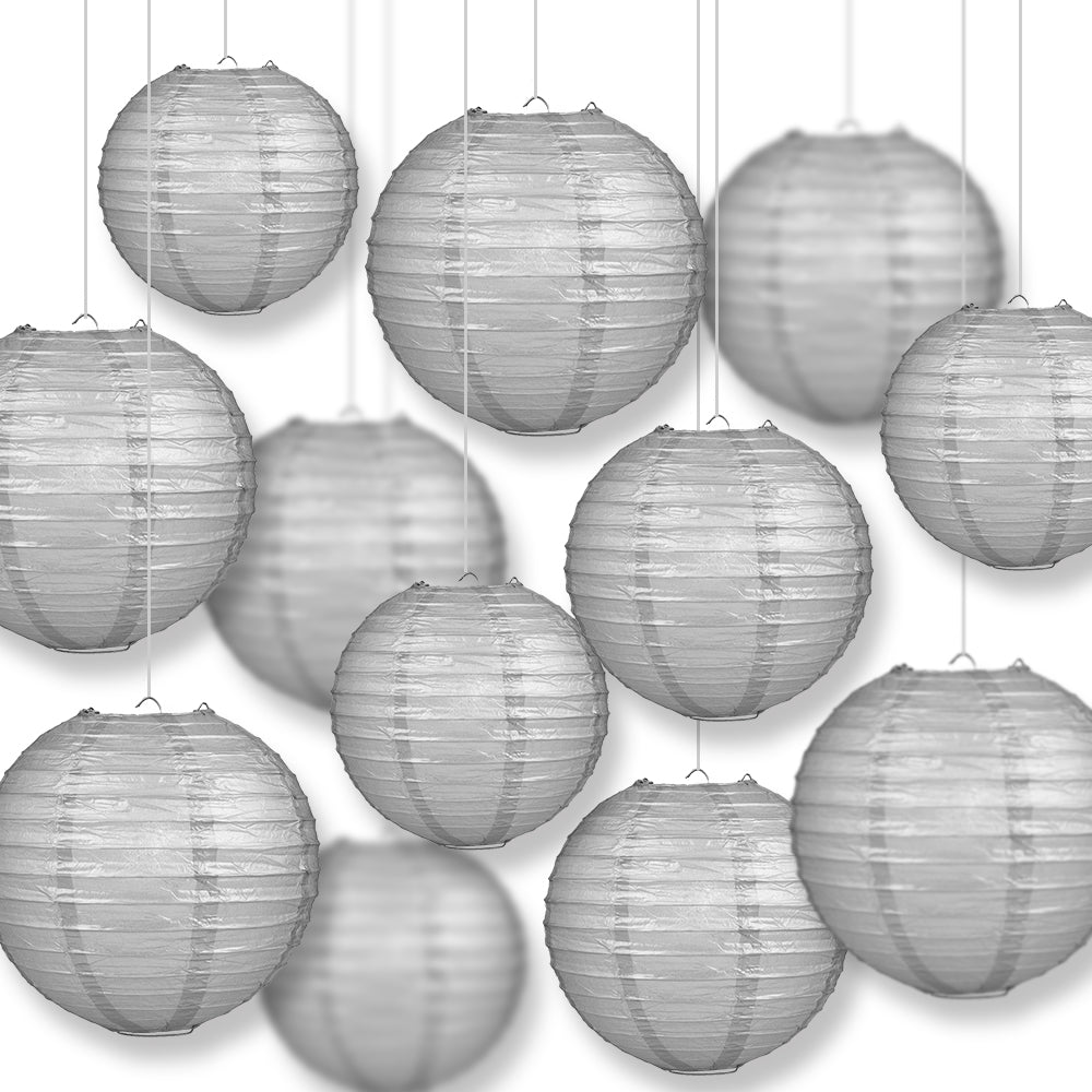 12-PC Silver Paper Lantern Chinese Hanging Wedding & Party Assorted Decoration Set, 12/10/8-Inch