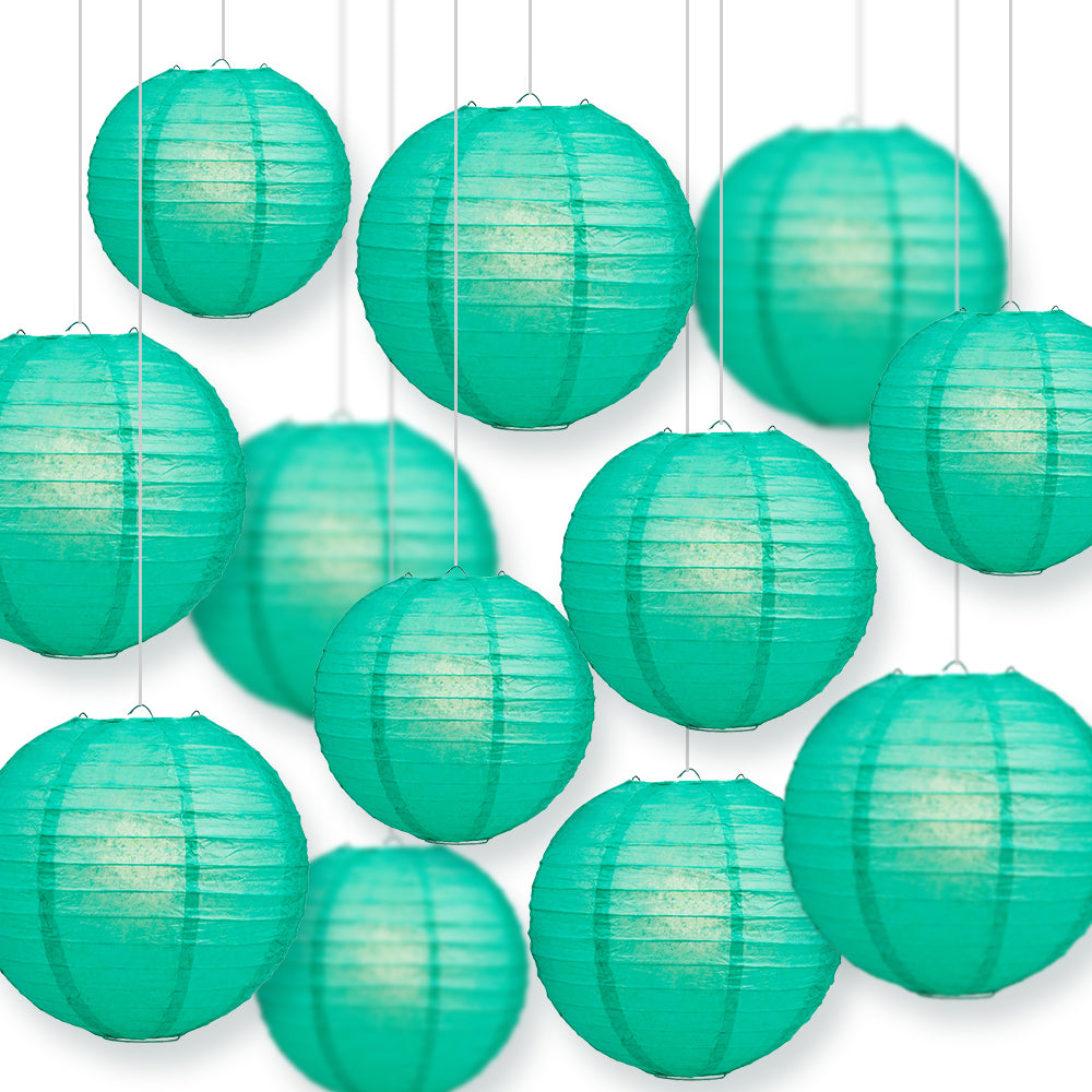 12-PC Teal Green Paper Lantern Chinese Hanging Wedding &amp; Party Assorted Decoration Set, 12/10/8-Inch