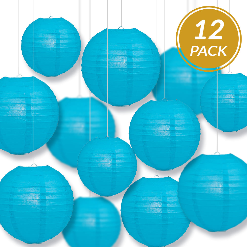12-PC Turquoise Paper Lantern Chinese Hanging Wedding & Party Assorted Decoration Set, 12/10/8-Inch