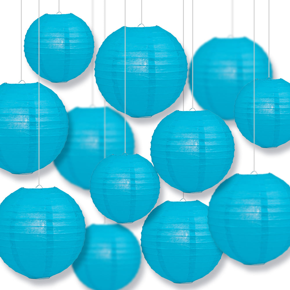 12-PC Turquoise Paper Lantern Chinese Hanging Wedding &amp; Party Assorted Decoration Set, 12/10/8-Inch