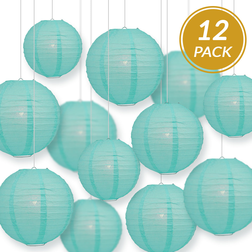 12-PC Water Blue Paper Lantern Chinese Hanging Wedding & Party Assorted Decoration Set, 12/10/8-Inch