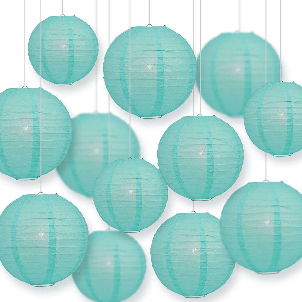 12-PC Water Blue Paper Lantern Chinese Hanging Wedding & Party Assorted Decoration Set, 12/10/8-Inch
