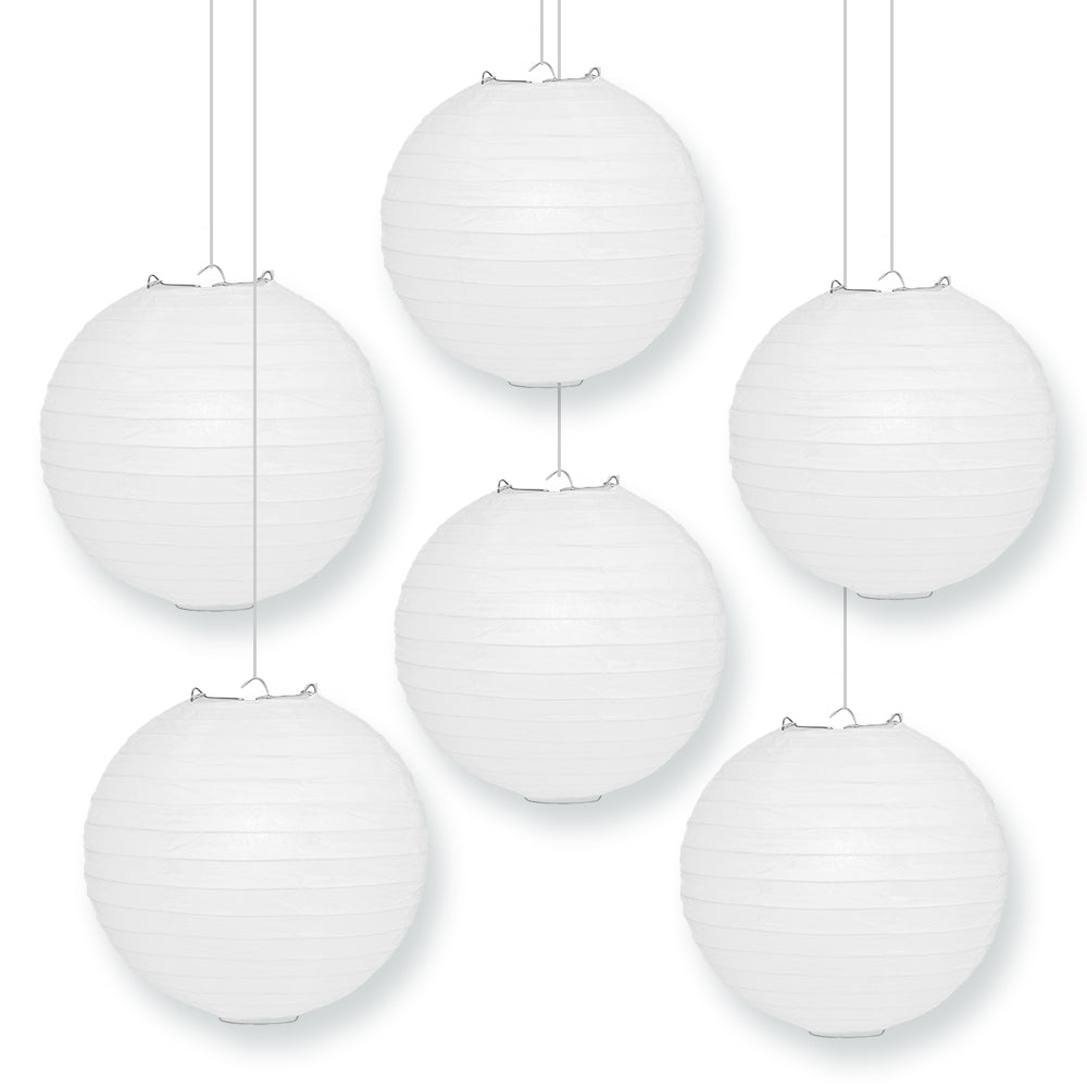 BULK PACK (6) 12&quot; White Round Paper Lanterns, Even Ribbing, Hanging Decoration