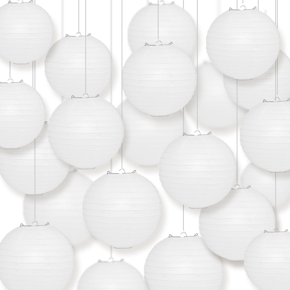 BULK PACK (100) 8" White Round Paper Lanterns, Even Ribbing, Hanging Decoration