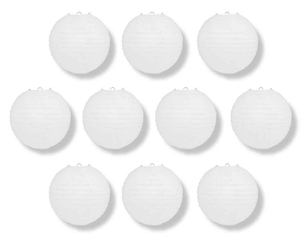 BULK PACK (10) 16&quot; White Round Paper Lanterns, Even Ribbing, Hanging Decoration