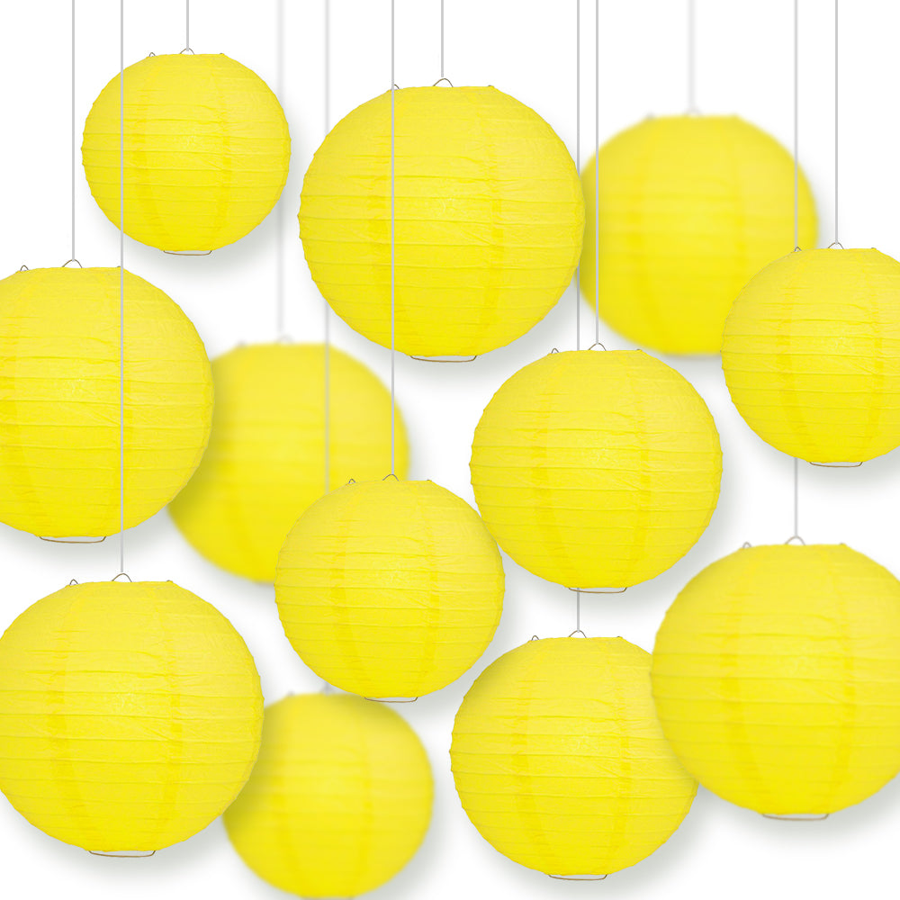12-PC Yellow Paper Lantern Chinese Hanging Wedding &amp; Party Assorted Decoration Set, 12/10/8-Inch