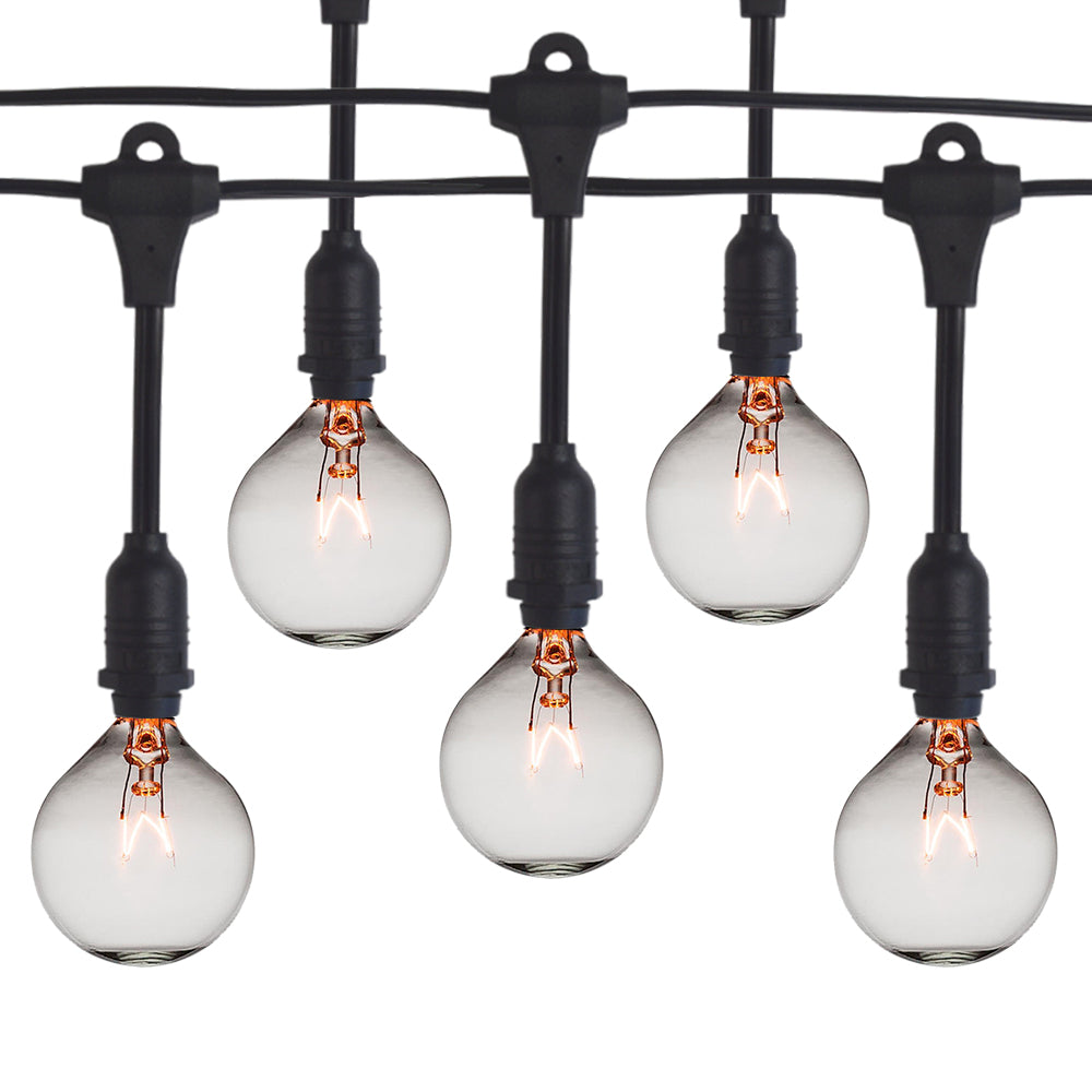 50 Socket Suspended Outdoor Commercial String Light Set, Clear Globe Bulbs, 54 FT Black Cord w/ E12 C7 Base, Weatherproof