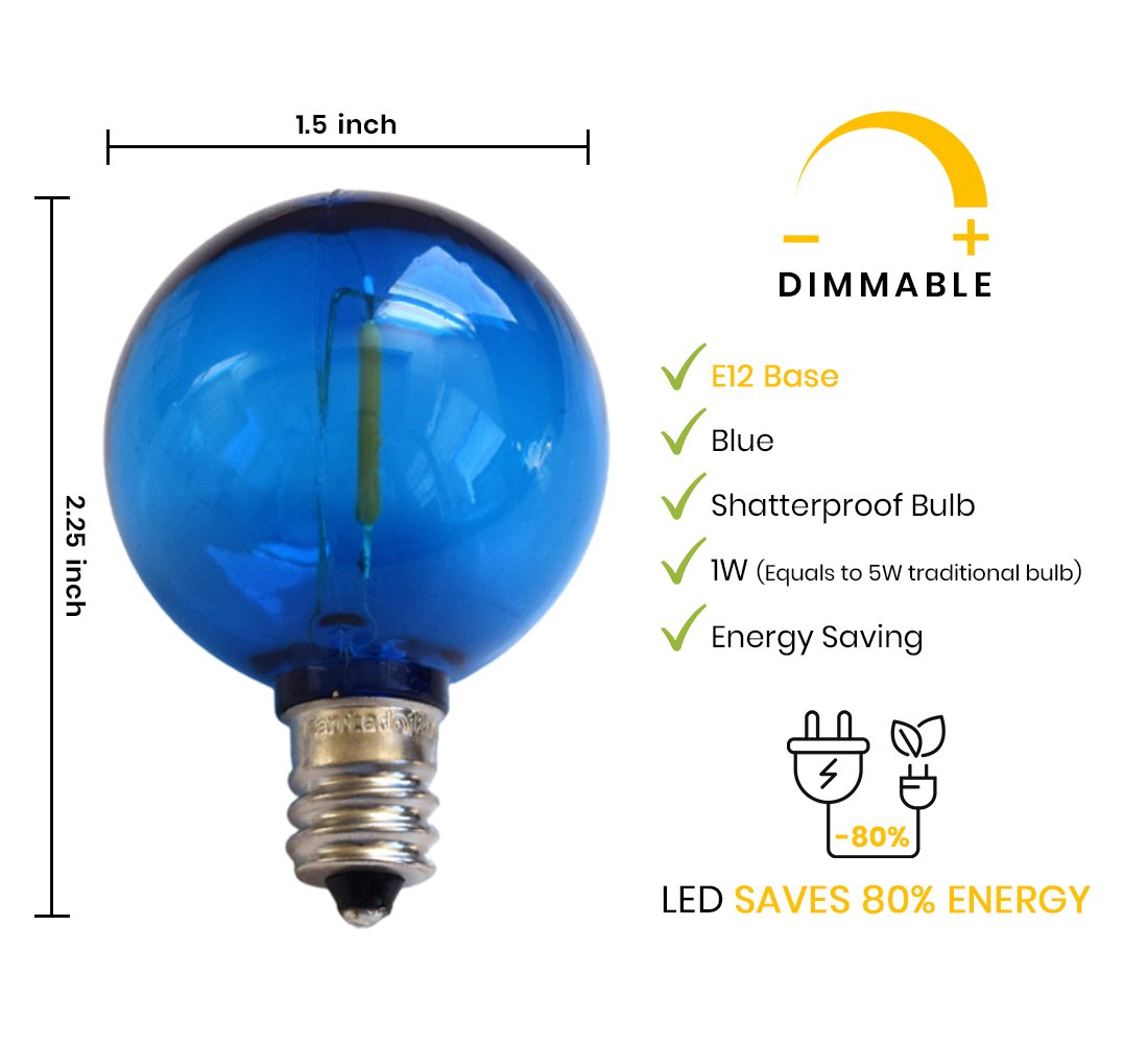 10-PACK Multi-Color LED Filament G50 Globe Shatterproof Energy Saving Color Light Bulb, Dimmable, 1W,  E12 Candelabra Base