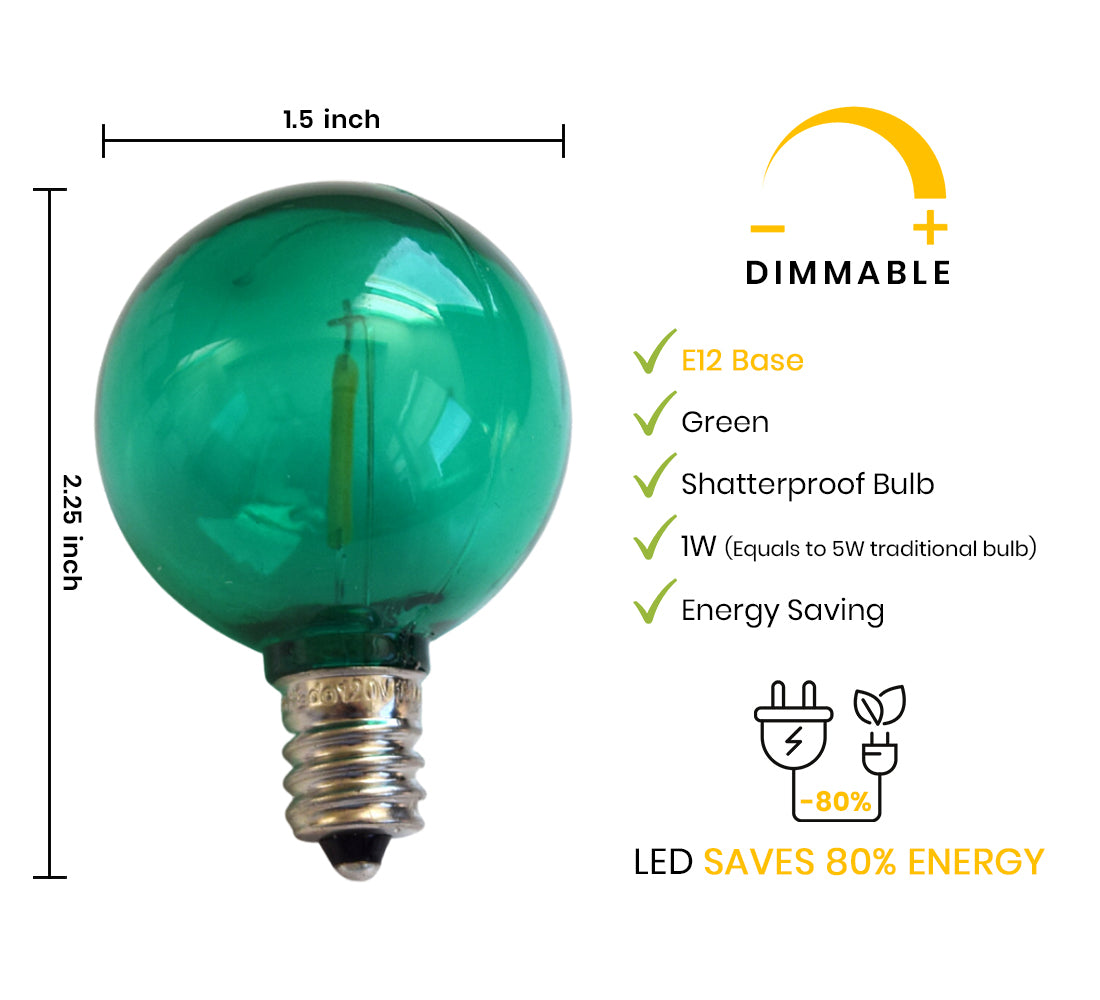 Green LED Filament G40 Globe Shatterproof Energy Saving Color Light Bulb, Dimmable, 1W,  E12 Candelabra Base (Single)