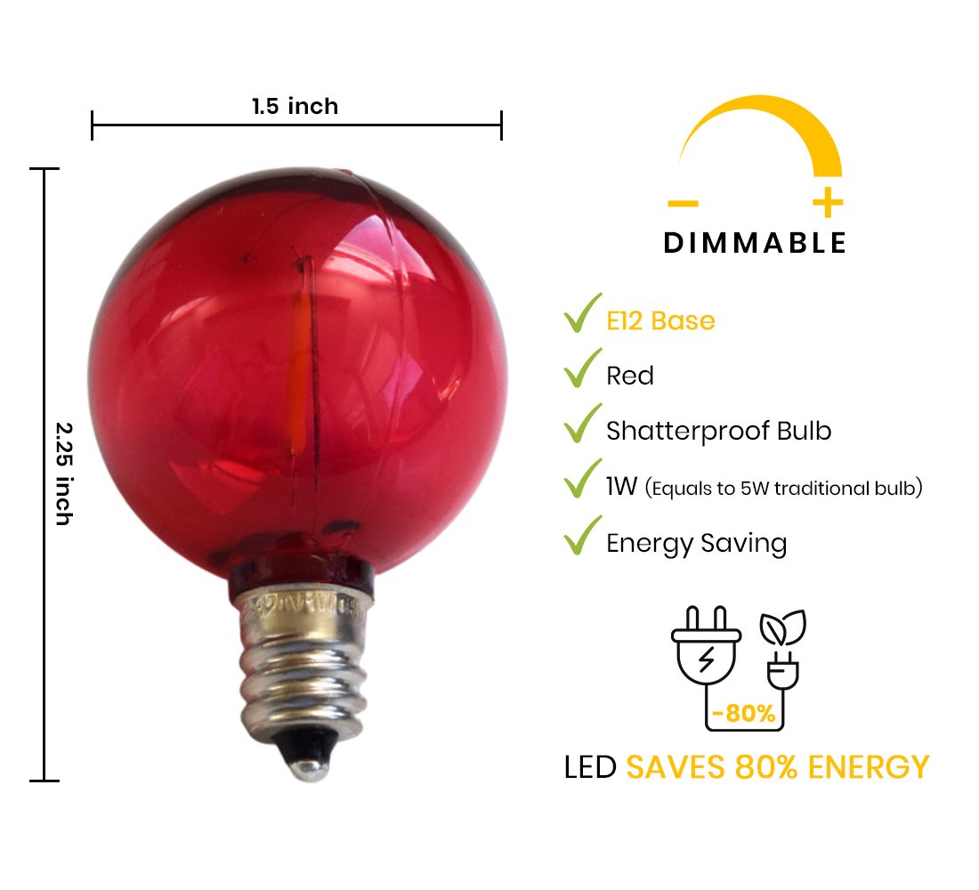 10-PACK Red LED Filament G40 Globe Shatterproof Energy Saving Color Light Bulb, Dimmable, 1W,  E12 Candelabra Base