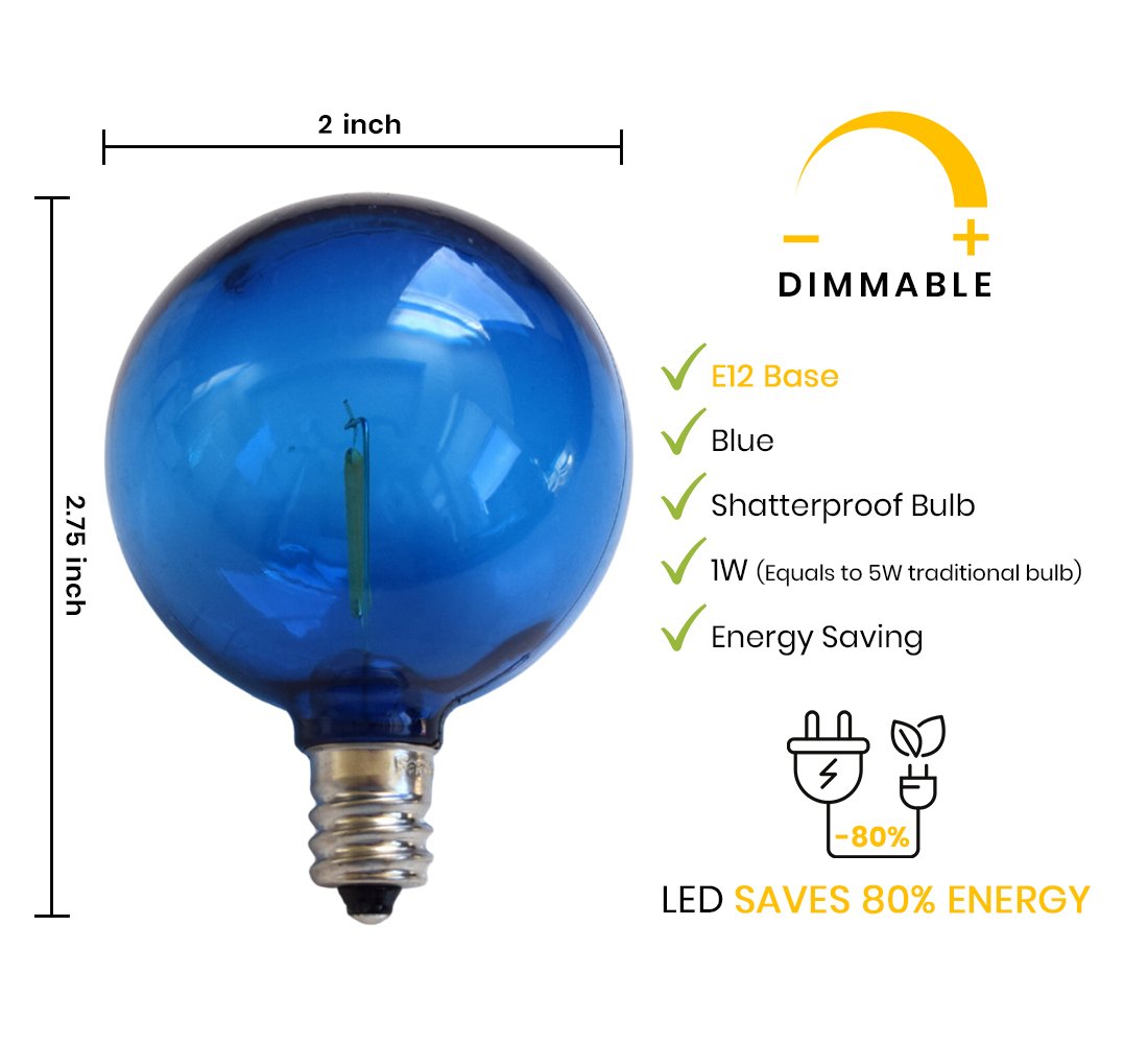 10-PACK Blue LED Filament G50 Globe Shatterproof Energy Saving Color Light Bulb, Dimmable, 1W,  E12 Candelabra Base