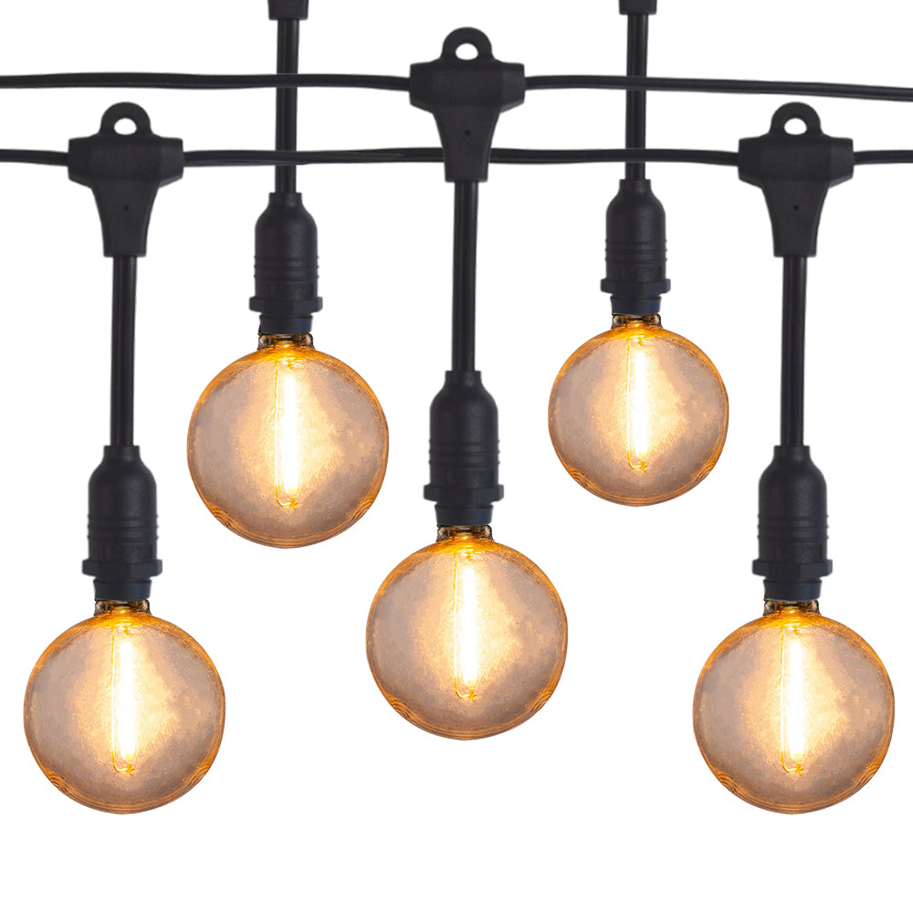 25 Socket Suspended Outdoor Commercial String Light Set, Shatterproof LED Bulbs, 29 FT Black Cord w/ E12 C7 Base, Weatherproof