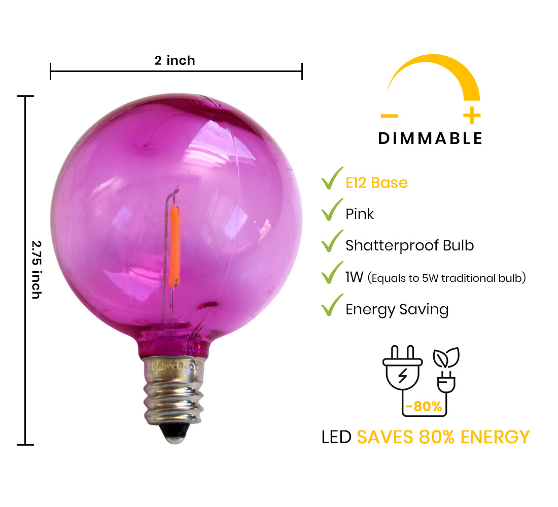 Fuchsia / Hot Pink LED Filament G50 Globe Shatterproof Energy Saving Color Light Bulb, Dimmable, 1W,  E12 Candelabra Base (Single)