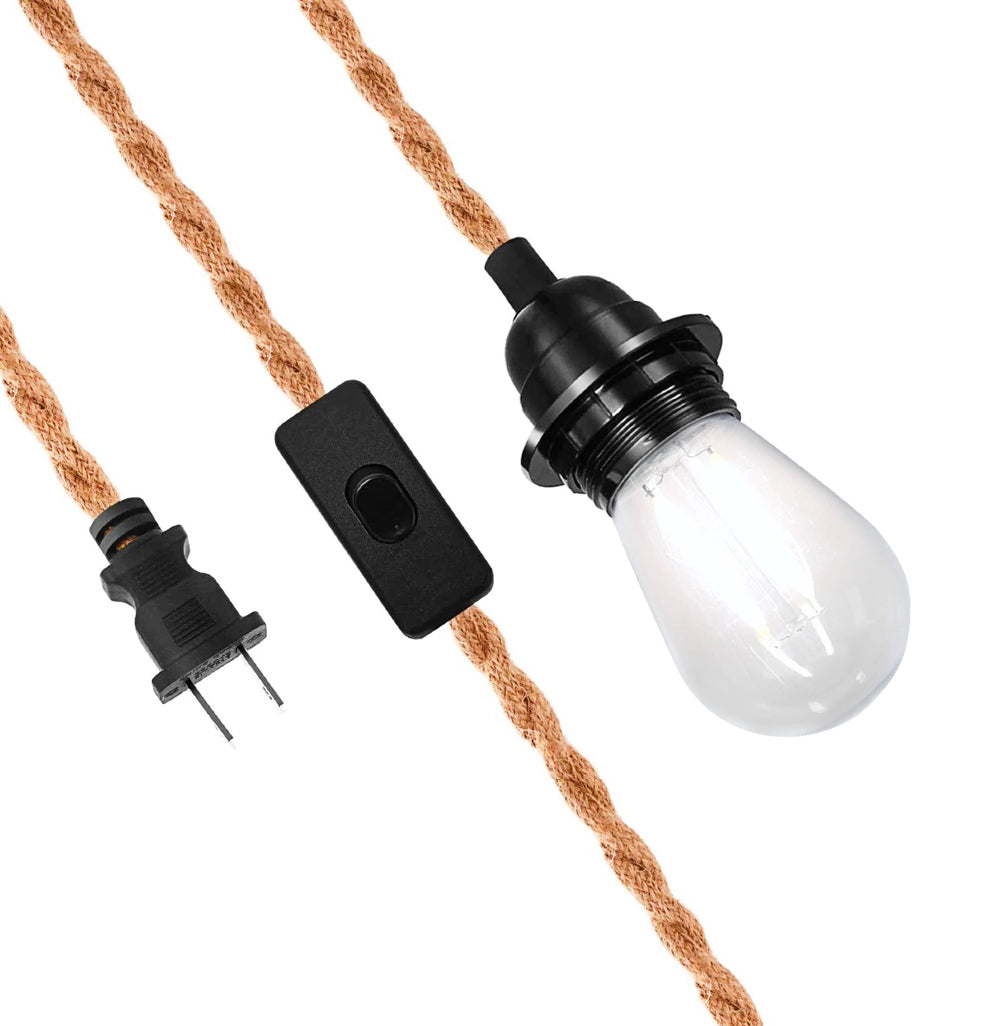 15FT Jute Rope Pendant Light Lamp, Switch, with LED Bulbs and Lamp Cord Light Included
