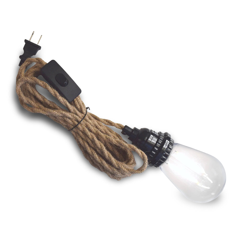 15FT Jute Rope Pendant Light Lamp, Switch, with LED Bulbs and Lamp Cord Light Included
