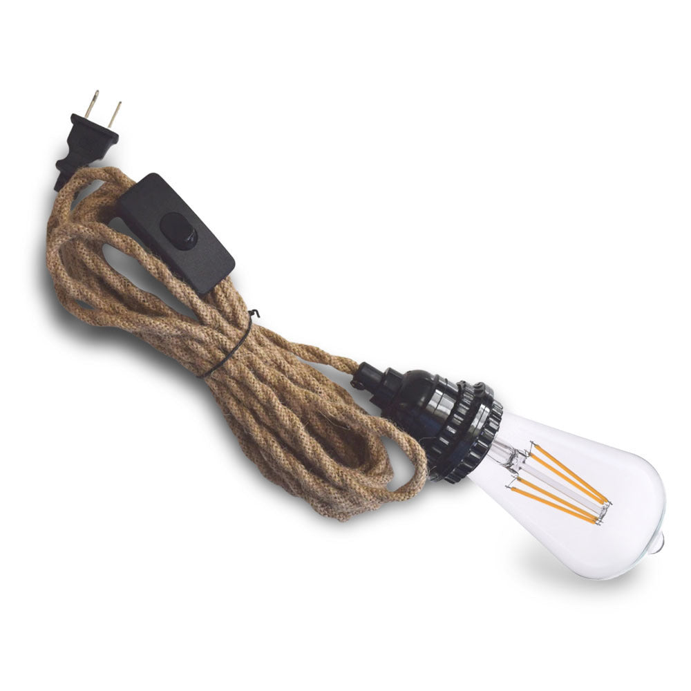 15FT Jute Rope Pendant Light Lamp, Switch, with LED Bulbs and Lamp Cord Light Included