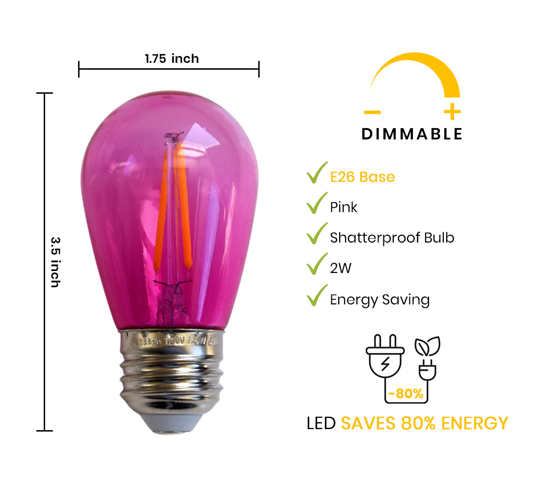 Fuchsia / Hot Pink LED Filament S14 Shatterproof Energy Saving Color Light Bulb, Dimmable, 2W,  E26 Medium Base (Single)