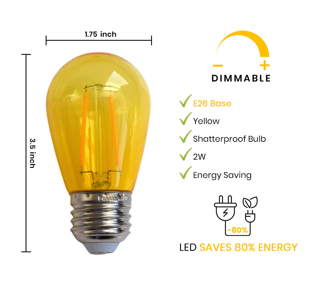 Yellow LED Filament S14 Shatterproof Energy Saving Color Light Bulb, Dimmable, 2W,  E26 Medium Base (Single)