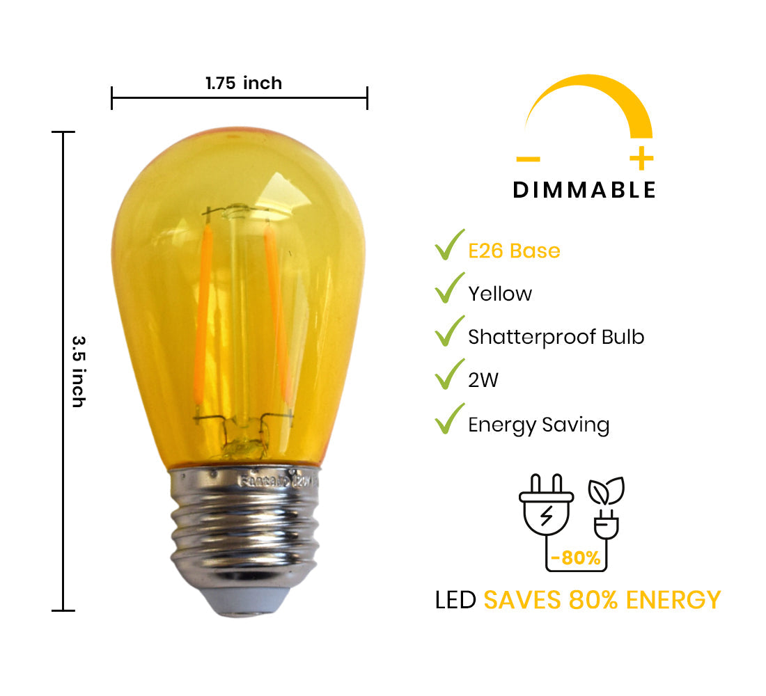 10-PACK Yellow LED Filament S14 Shatterproof Energy Saving Color Light Bulb, Dimmable, 2W,  E26 Medium Base