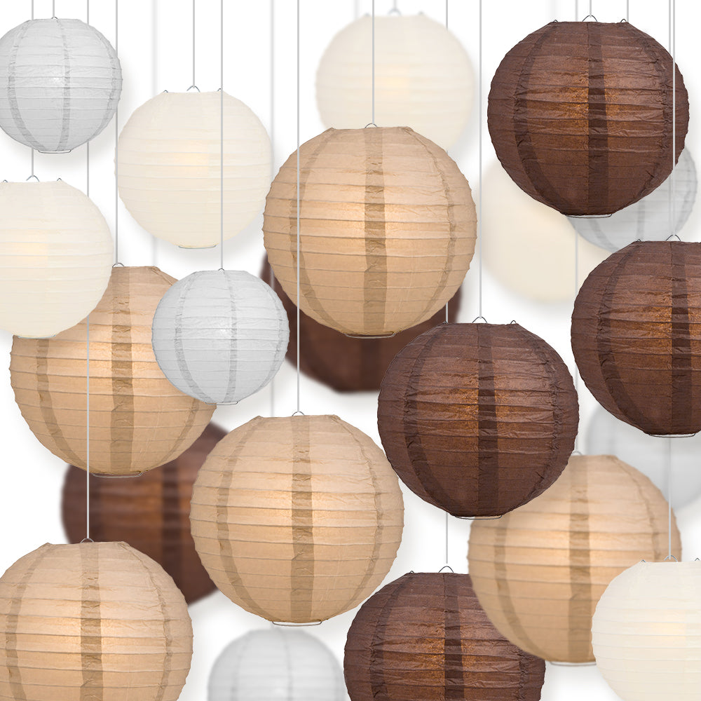 Ultimate 20-Piece Earthtone Variety Paper Lantern Party Pack - Assorted Sizes of 6", 8", 10", 12" (5 Round Lanterns Each) for Weddings and Decor