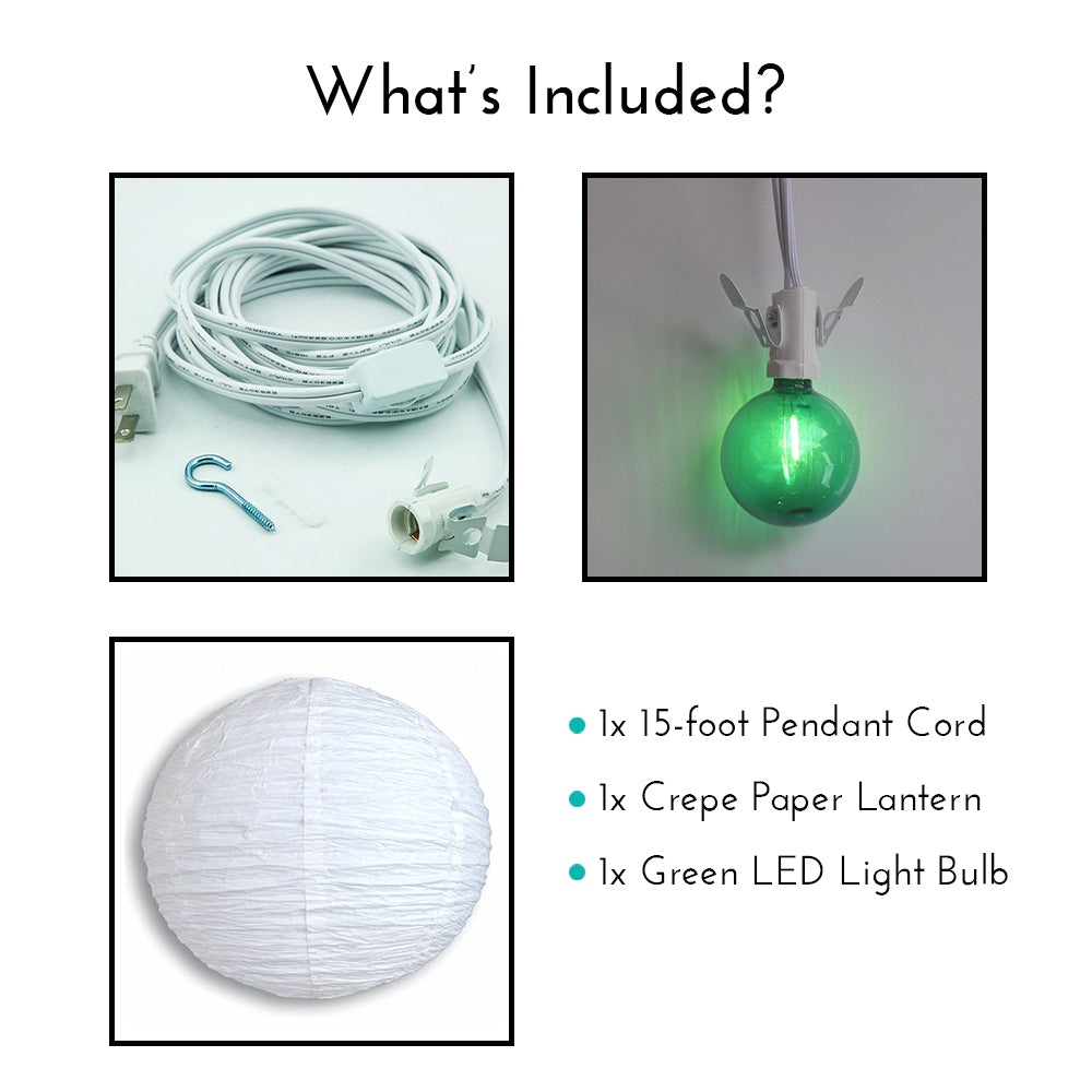 Crepe Premium Paper Lantern Pendant Light Cord Kit with G50 Green LED Bulb