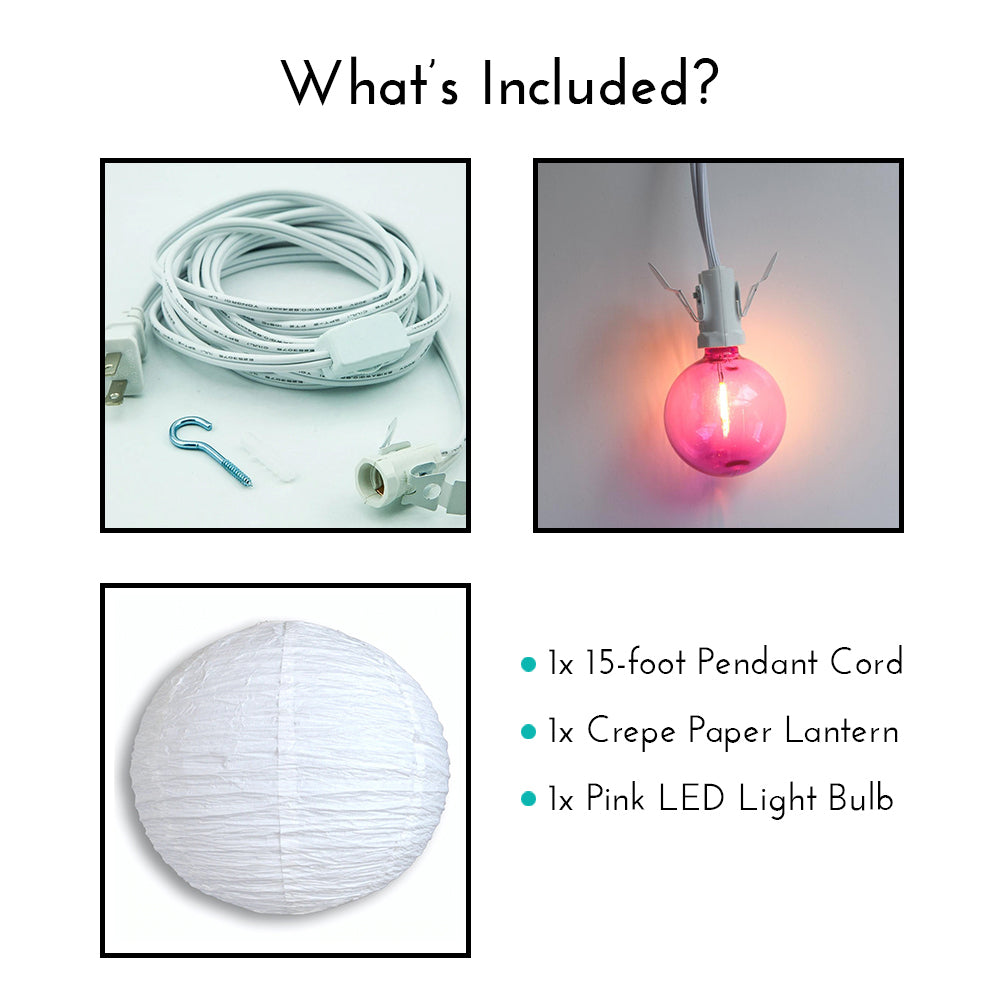 Crepe Premium Paper Lantern Pendant Light Cord Kit with G50 Pink LED Bulb2, Fuchsia / Hot Pink Bulb