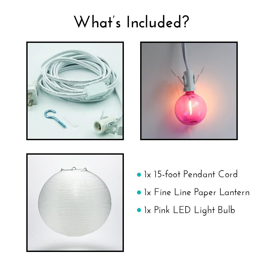 Fine Line Premium Paper Lantern Pendant Light Cord Kit with G50 Pink LED Bulb