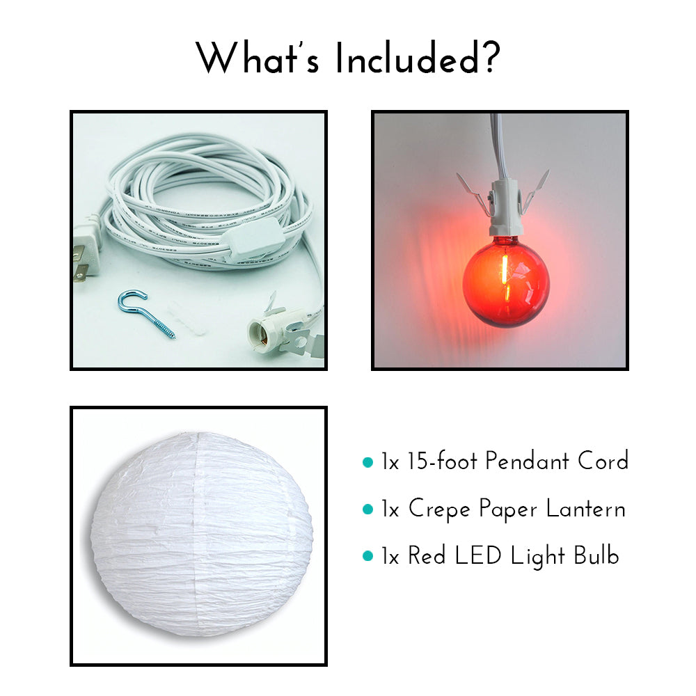 Crepe Premium Paper Lantern Pendant Light Cord Kit with G50 Red LED Bulb