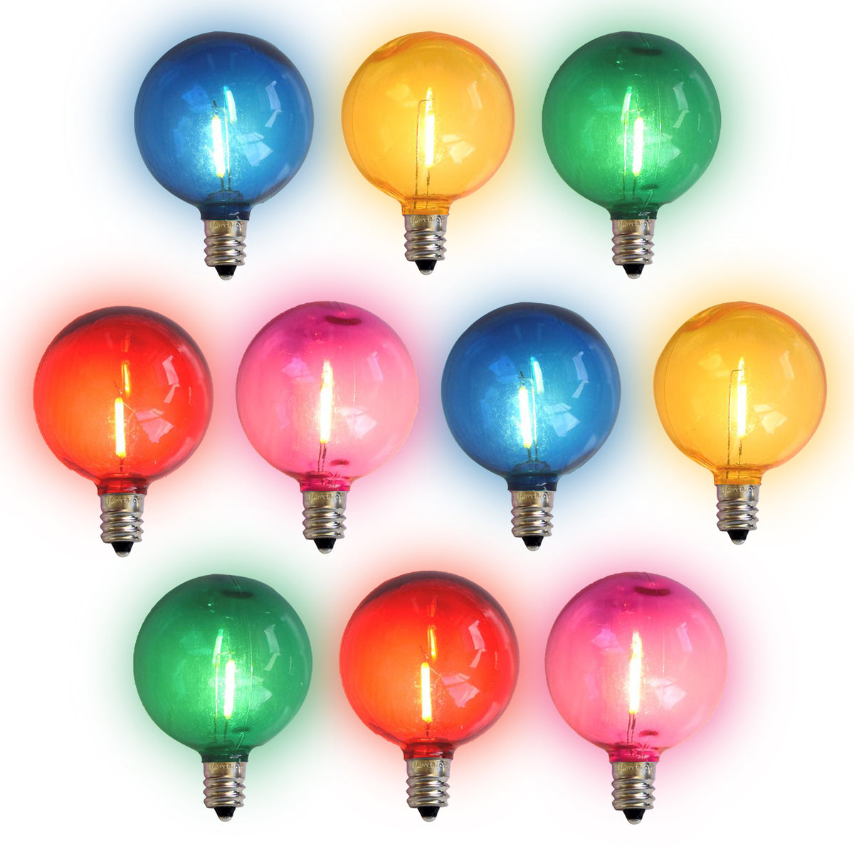 10-PACK Multi-Color LED Filament G50 Globe Shatterproof Energy Saving Color Light Bulb, Dimmable, 1W,  E12 Candelabra Base