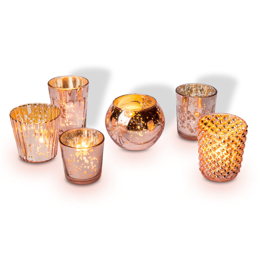 Best of Show Vintage Mercury Glass Votive Tea Light Candle Holders - Rose Gold Pink (6 PACK, Assorted Designs) - PaperLanternStore.com - Paper Lanterns, Decor, Party Lights &amp; More