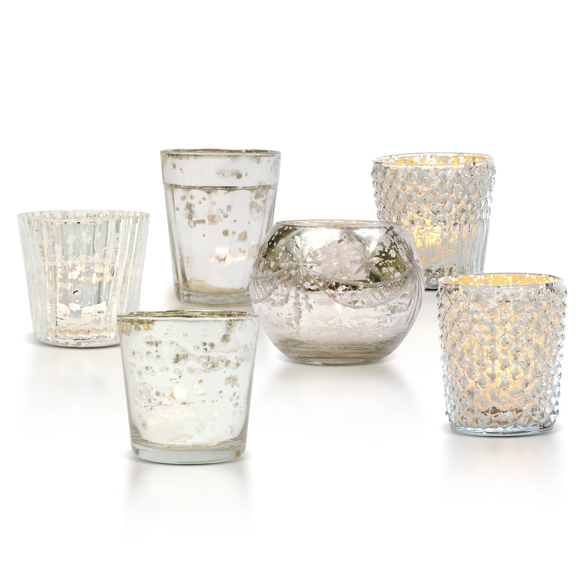 Best of Show Vintage Mercury Glass Votive Tea Light Candle Holders - Silver (6 PACK, Assorted Designs)