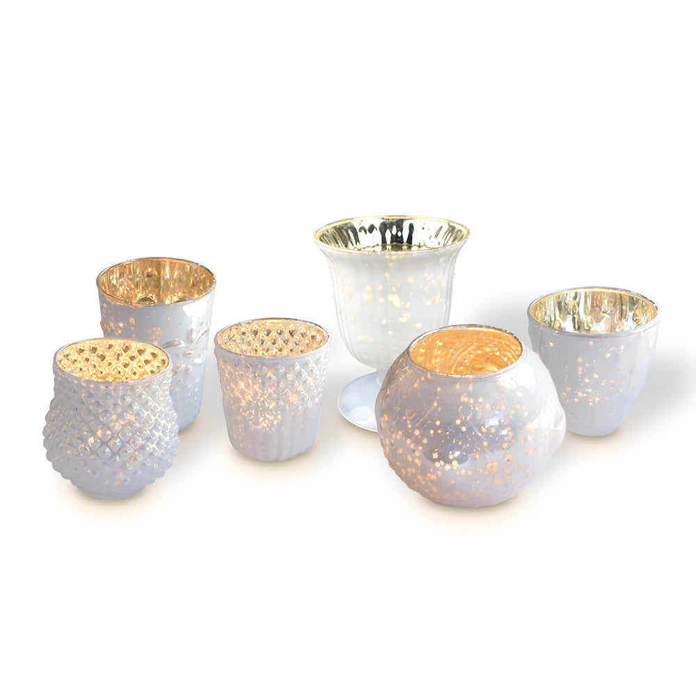 Lit Vintage Glam Pearl White Mercury Glass Tea Light Votive Candle Holders (Set of 6, Assorted Designs and Sizes)