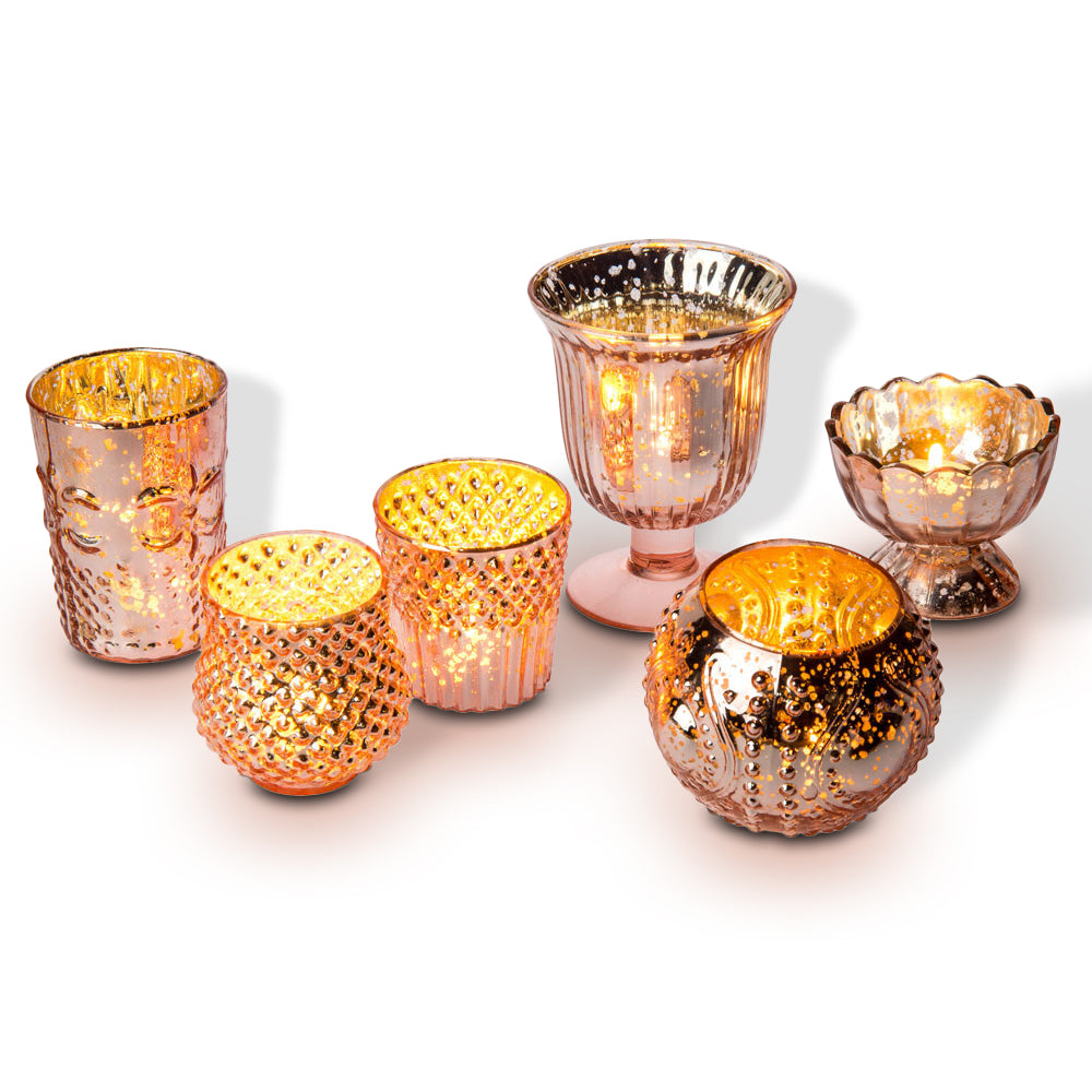 Vintage Glam Rose Gold Pink Mercury Glass Tea Light Votive Candle Holders (6 PACK, Assorted Designs and Sizes) - PaperLanternStore.com - Paper Lanterns, Decor, Party Lights & More