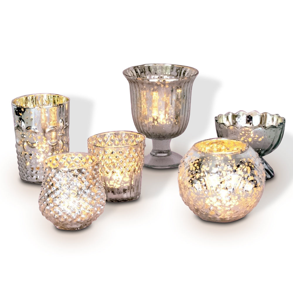 Vintage Glam Silver Mercury Glass Tea Light Votive Candle Holders (6 PACK, Assorted Designs and Sizes) - PaperLanternStore.com - Paper Lanterns, Decor, Party Lights & More