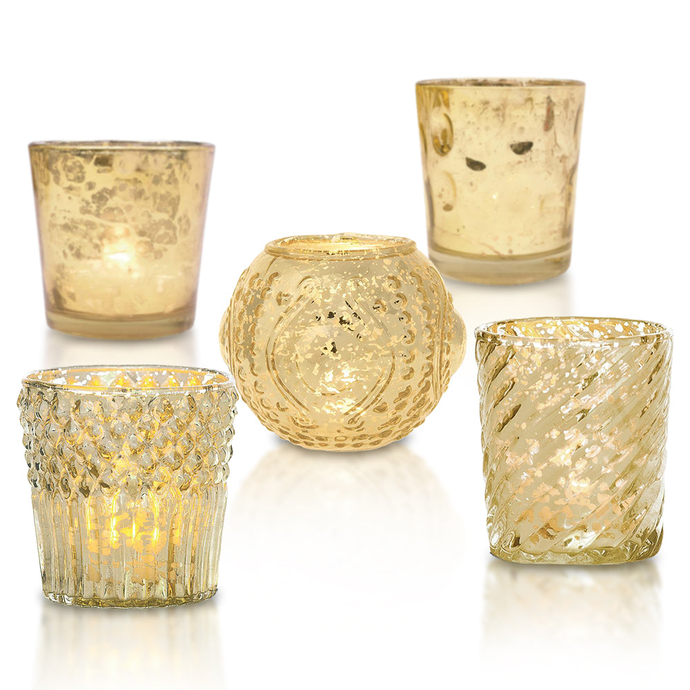 Royal Chic Gold Mercury Glass Tea Light Votive Candle Holders (5 PACK, Assorted Designs and Sizes)